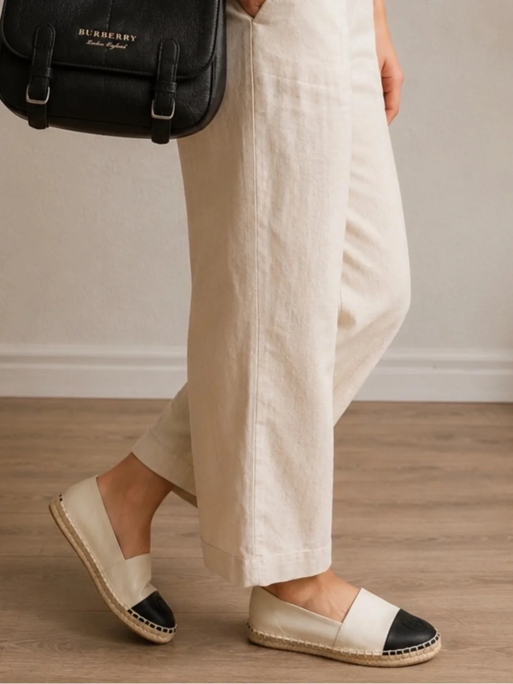 Tory Burch Canvas Espadrille Cream/Black/Tan Slip On Classic Quiet Luxury SZ 7.5
